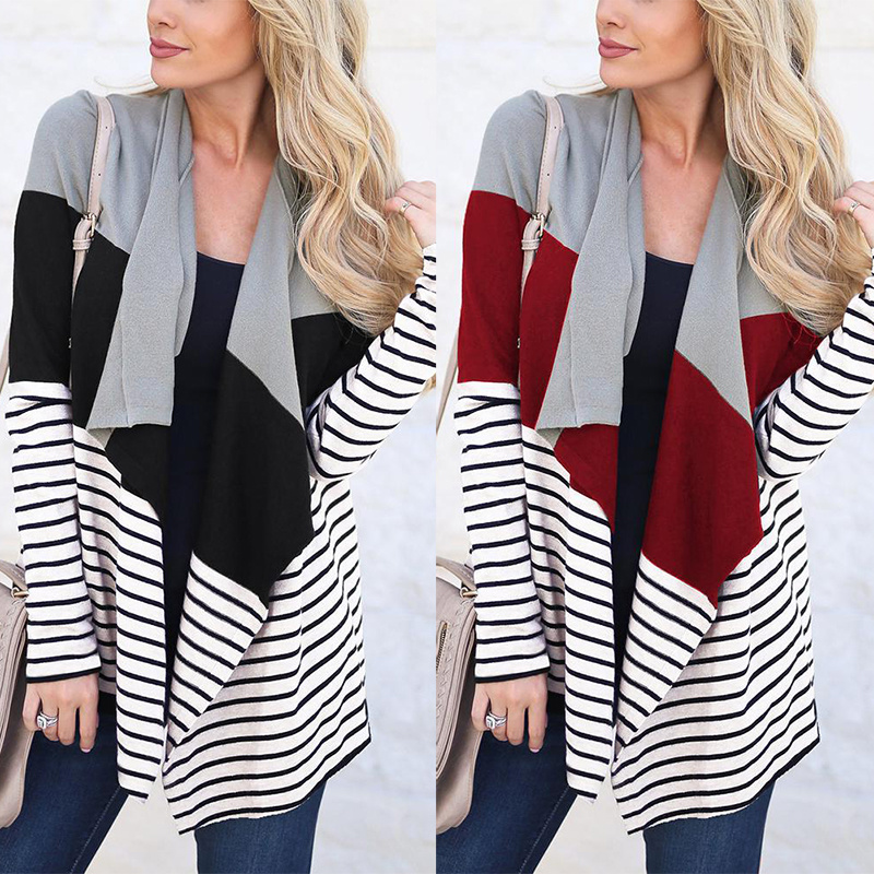 

1Spring Cardigan Women Long Sleeve Striped Blouse for Women Casual Printed Irregular Shirt Patchwork Striped Cardigan, Blue