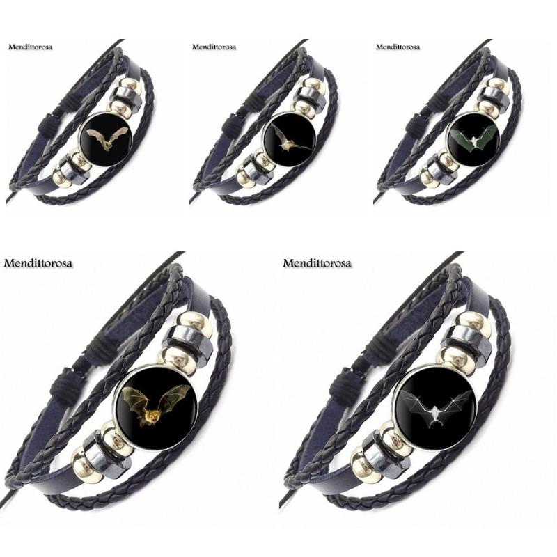 

EJ Glaze Jewelry Black Leather Bracelet Bangle With Glass Cabochon Jewelry For Women Jewellery Black Bat