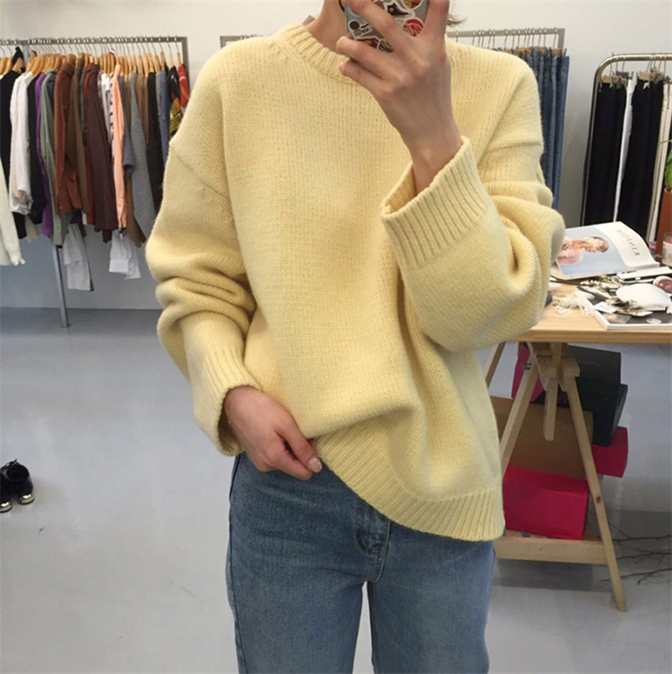 

2020 Autumn Winter Women Knitted Sweater And Pullovers O-neck Minimalist Oversize Solid Color Elegant Ladies Jumpers, Brown