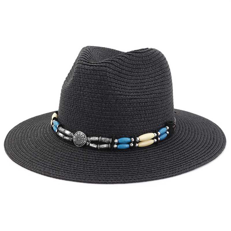 

WZCX 2020 Fashion New Bead Casual Tide Solid Color Straw Hat Outdoor Wide Brim Summer Beach Hat Women'S Cap, Picture color