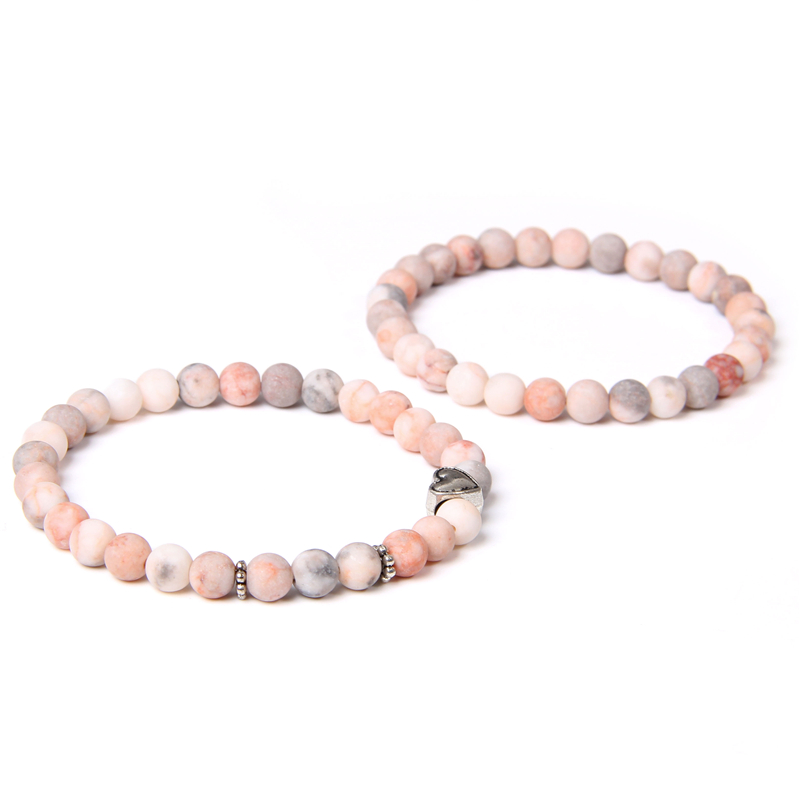 

Pink Zebra Stone Jaspers Bracelets For Women 6 mm Matte Stone Beads Bracelet Men Jewelry Love Heart Shape Alloy Charm Pulseras