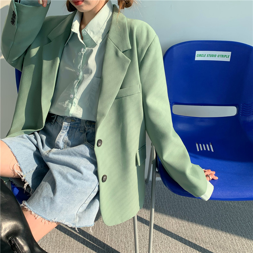 

Green Chic Blazer Women Streetwear Elegant Ladies Loose Leisure Jacket All Match Single Breasted Blazers Coat, Black;brown