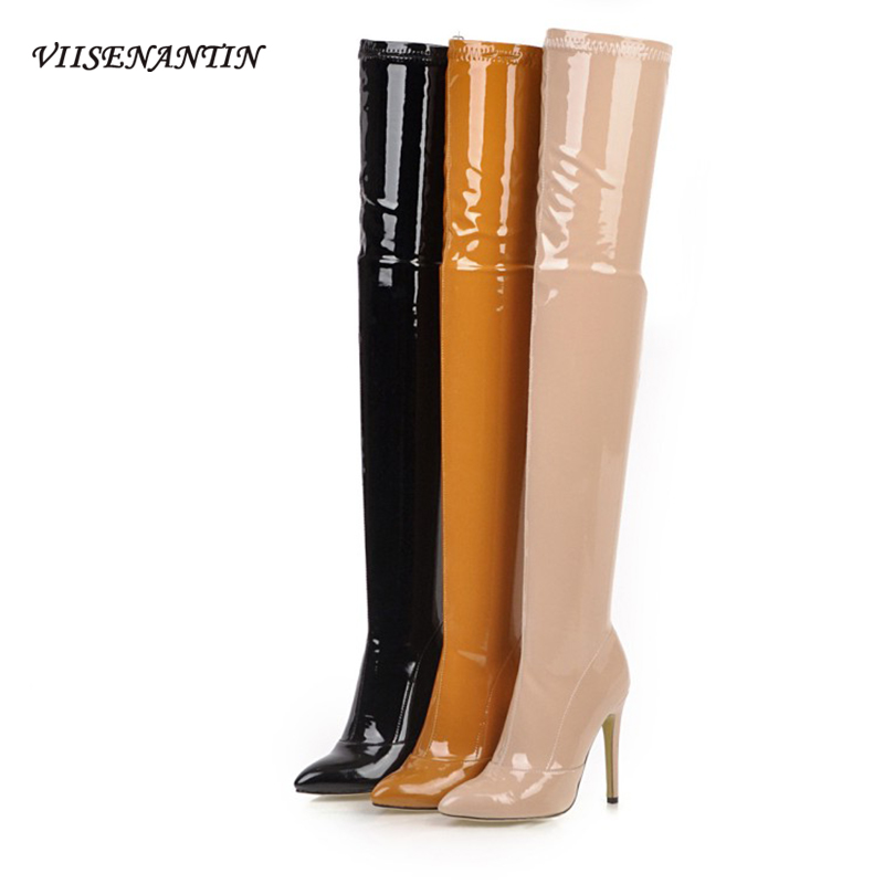 

Fashion Women's Stiletto High Tube Patent Leather pointed toe Stretch Stovepipe High Heel Over Knee Plus Size Knight Boots, Beige leather in
