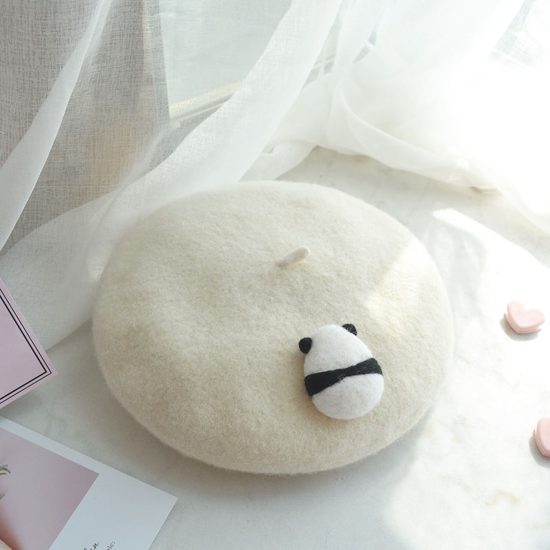 

I love panda lovely original handmade wool felt panda back beret hat female wild soft sister, Berets