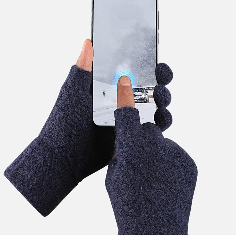 

Knitted wool gloves women cashmere half palm leather gloves women Winter Brushed Warm Dew Two-Finger mittens womens outdoor#4