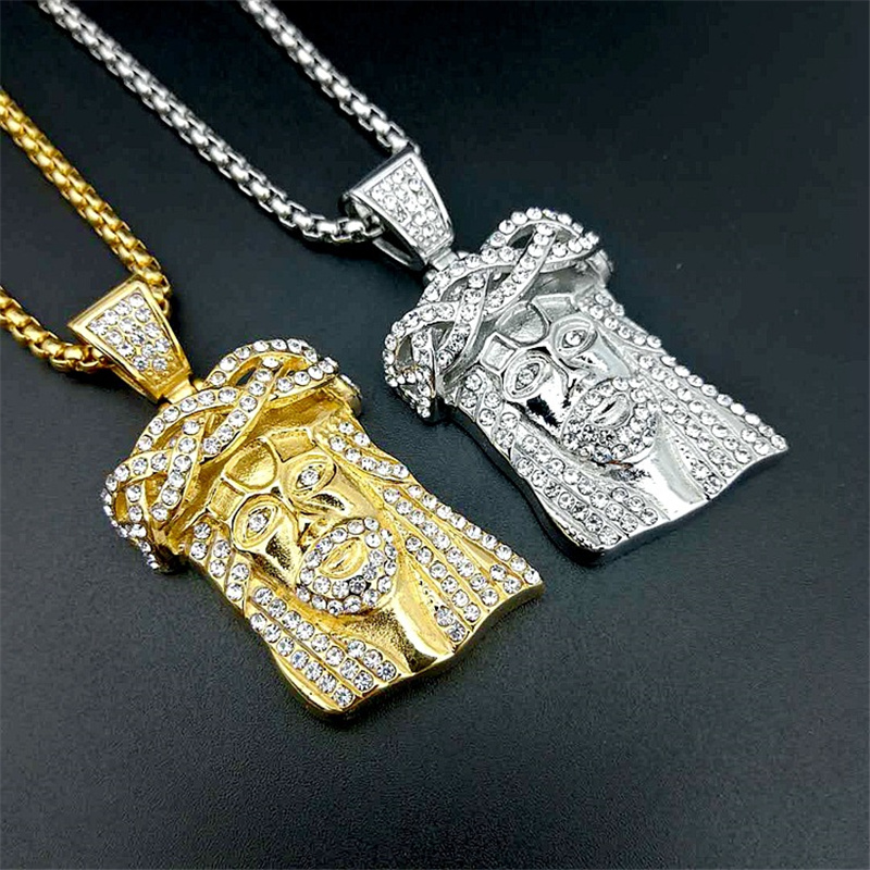 

Stainless Steel Pendant Necklace Hiphop Rhinestone Jesus Jewelry for Men Women Gold Silver Color Charm Christian Jewelry
