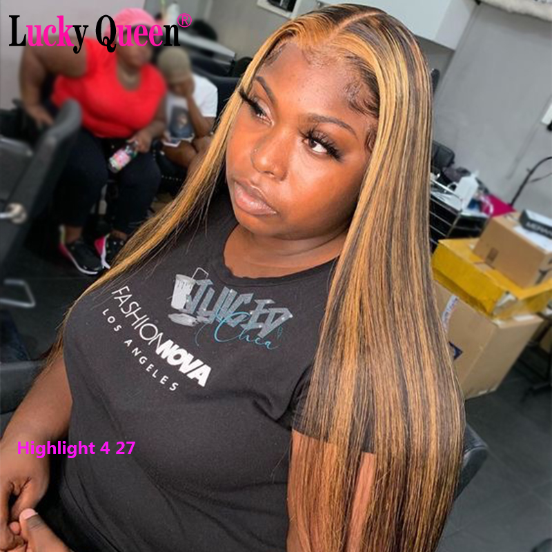 

Lucky Queen Transparent Lace Highlight Colored Lace Front Wigs Peruvian Straight Human Hair Wigs Pre Plucked For Black Women, Natural color