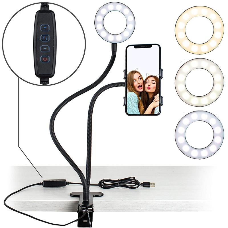 

Cell Phone Holder with Selfie Ring Light LED Camera Light for Live Stream Bedroom Office Kitchen Desk Lamp