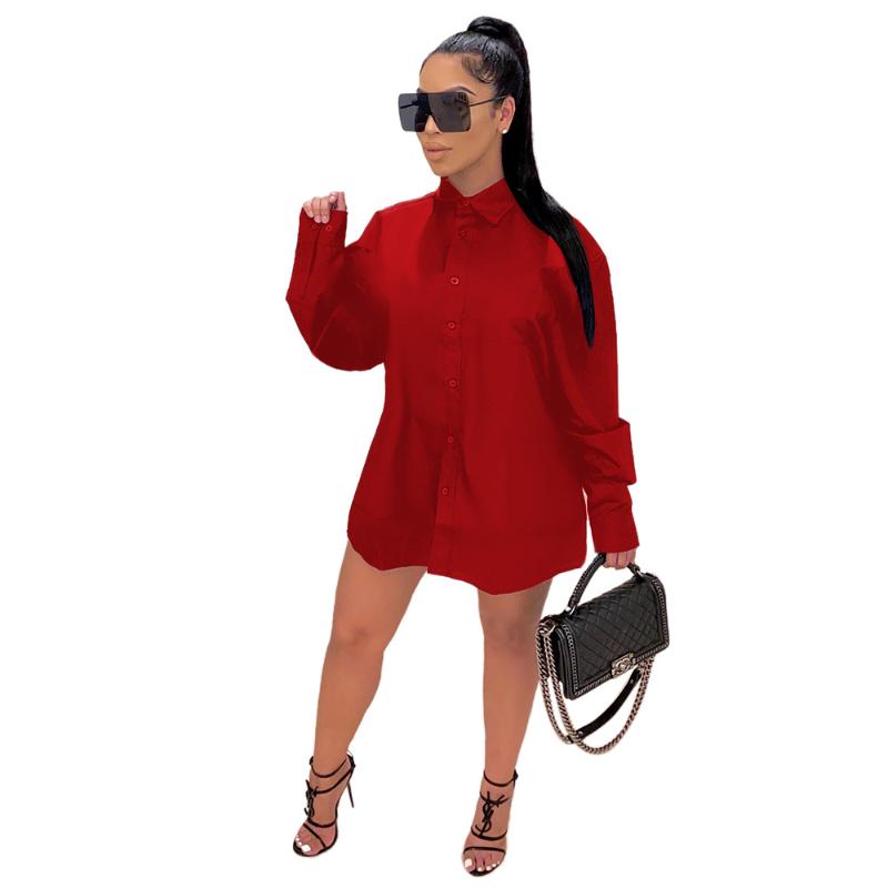 

Felyn 2020 Best Quality Shirt Dress Luxury Solid Turn-down Collar Full Sleeve Sexy Mini Dress Vestidos, Black