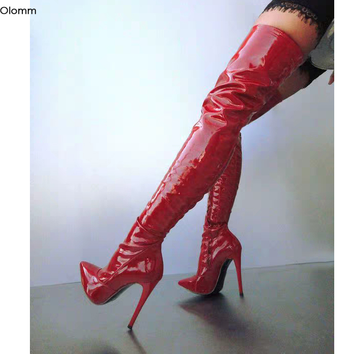 

Olomm New Women Shiny Thigh High Boots Stiletto High Heels Boots Pointed Toe Gorgeous Red Club Shoes Women Plus US Size 5-15, D1924 red