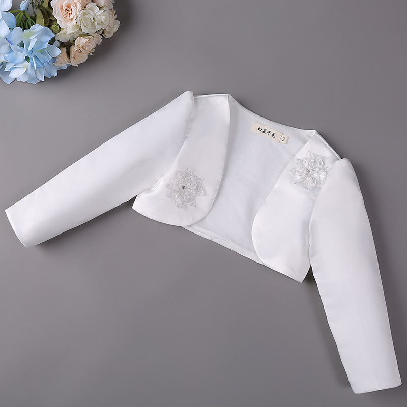 

New Arrival Baby Girls Bolero Children Long Sleeves Applique Flower Short Coat Formal Girls Shrug Kids Clothes, Ivory