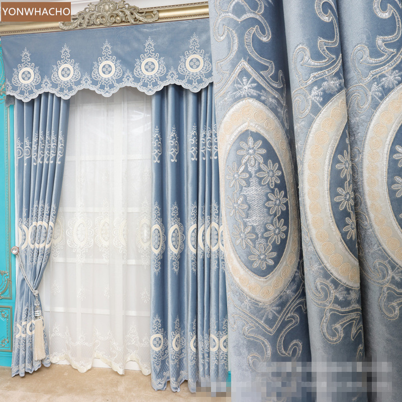 

Custom curtains luxury European living room embroidered thick velvet blue cloth blackout curtain tulle valance drape B651, Tulle sheer
