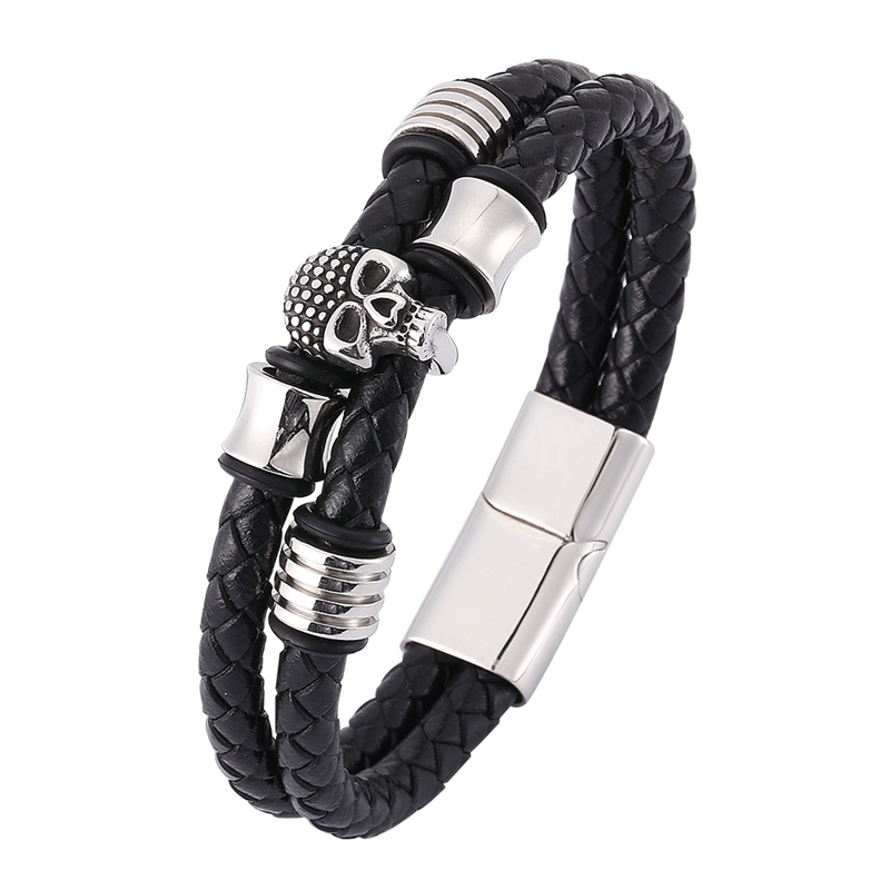 

Punk Male Jewelry Stainless Steel Skull Bracelet Men Double Leather Braided Bracelet Handmade Fashion Leather Wristband C0375