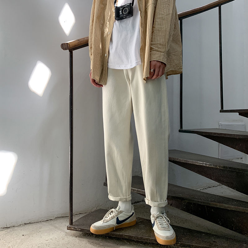 

Autumn Korean Style Straight Jeans Men's Fashion Solid Color Casual Retro Jeans Men Streetwear Loose Hip-hop Denim Trousers Mens, Beige