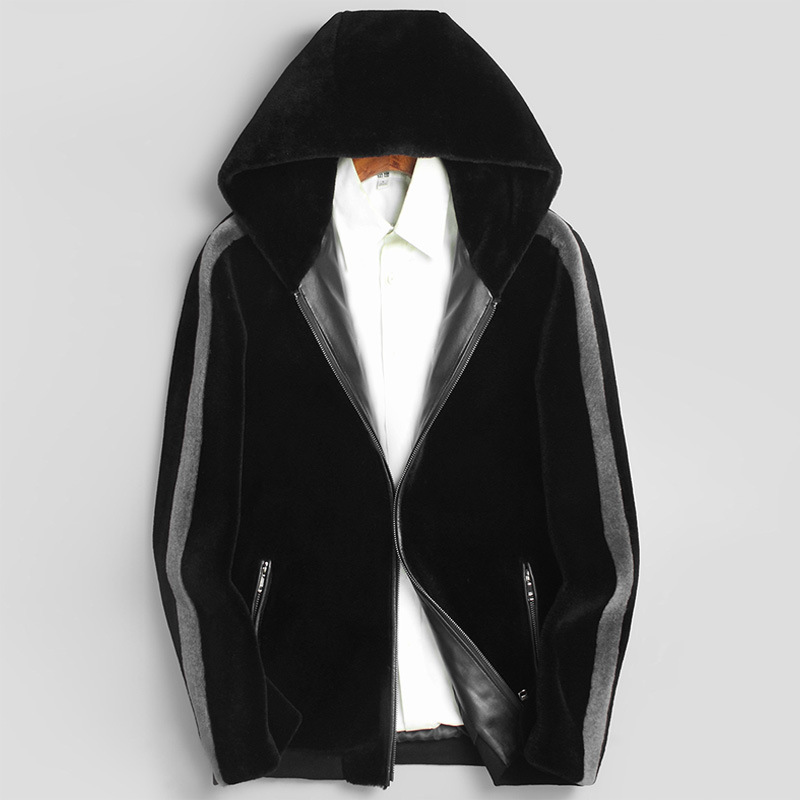 

Real Fur Coat Men Natural Wool Coat Spring Winter Sheep Shearing Jacket Mens Hooded Warm Outwear Veste Homme 1851 YY404, Black