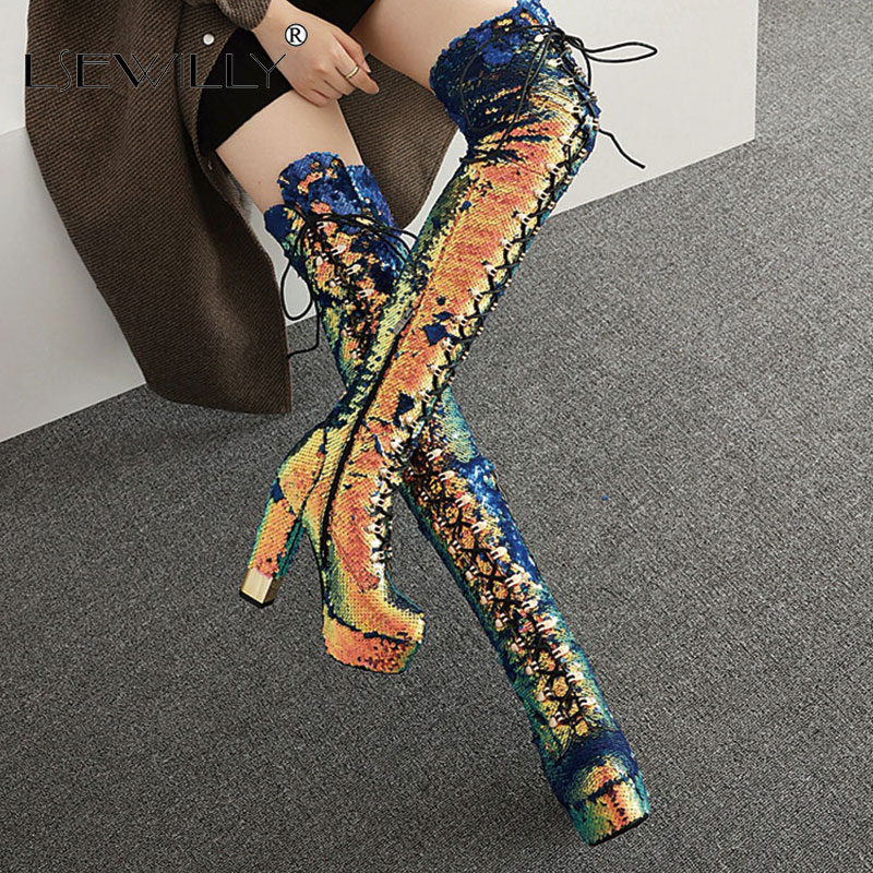 

Lsewilly Sequined Boots Platform Bling Bling Over The Knee Boots Side Zipper Straight Stage Shoes Ultra High Heel Silver, Short fur black