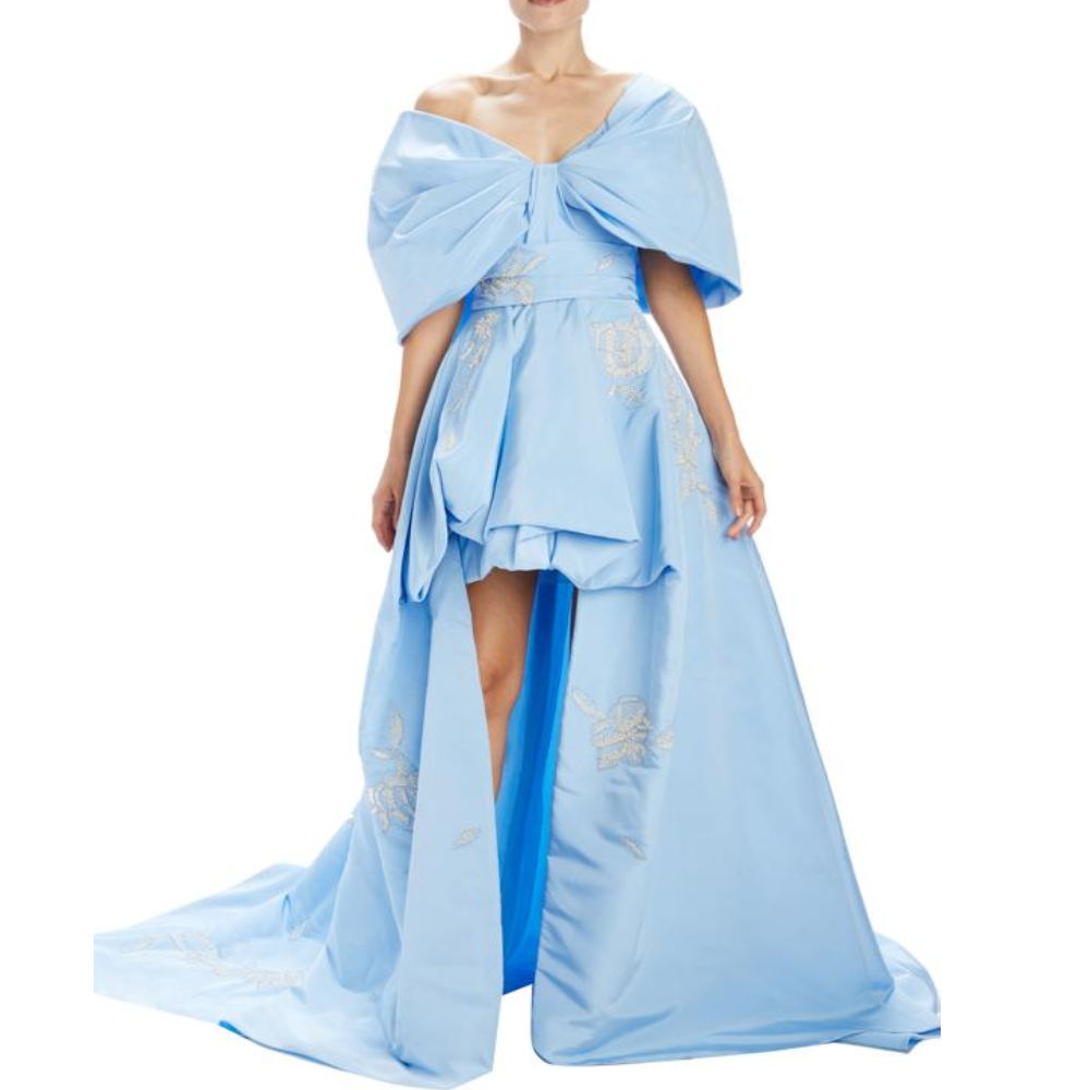 

Light Blue High Low Evening Gowns Off Shoulder Satin Prom Dress A Line Custom Made Robe De Soirée, Water melon