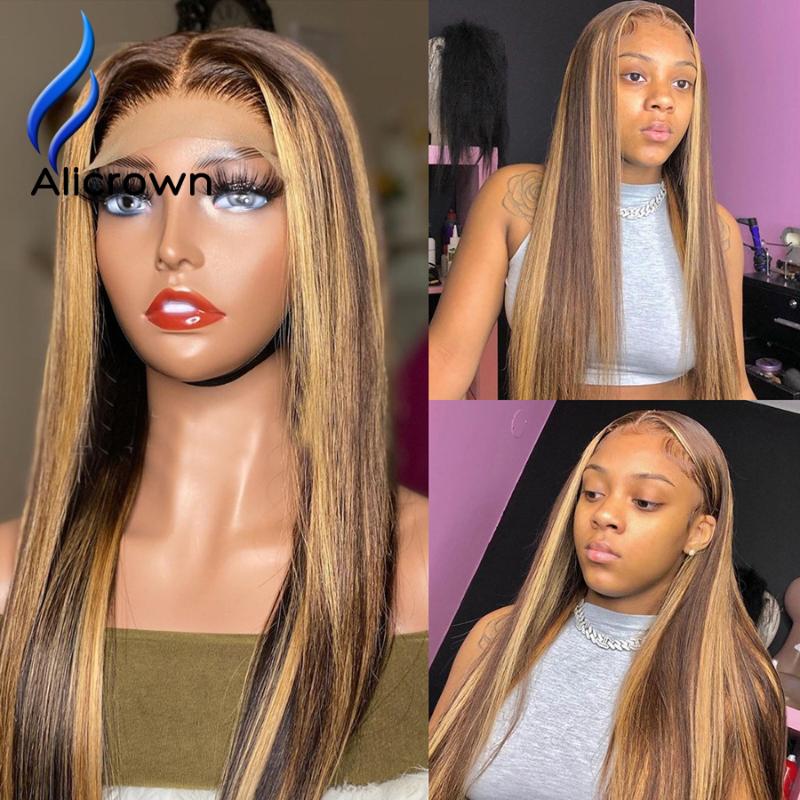 

ALICROWN Highlight Ombre T-part Straight Lace Front Human Hair Wigs Pre-Plucked Brazilian Non-remy Hair Lace Wigs 180% Density, T-part lace wig