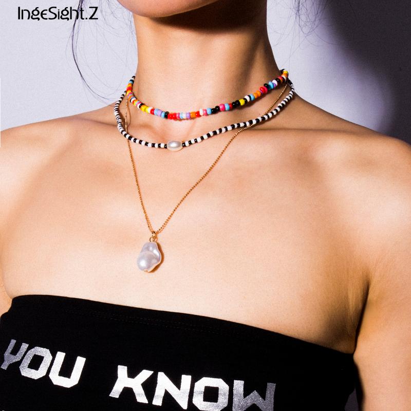 

IngeSight.Z Bohemian Multi Layer Colorful Bead Choker Necklace Collar Statement Imitation Pearl Pendant Necklace Women Jewelry