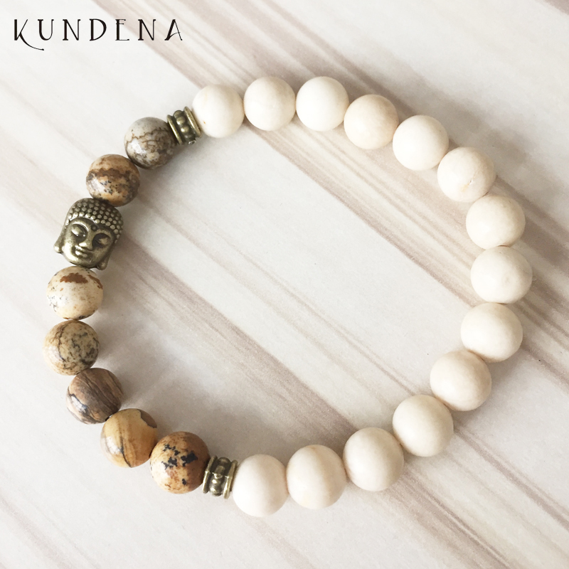 

Men Buddha Head Mala Bracelets Beige Stone Beaded Buddhist Wrist PictureJ-asper Brass Buddha bracelet
