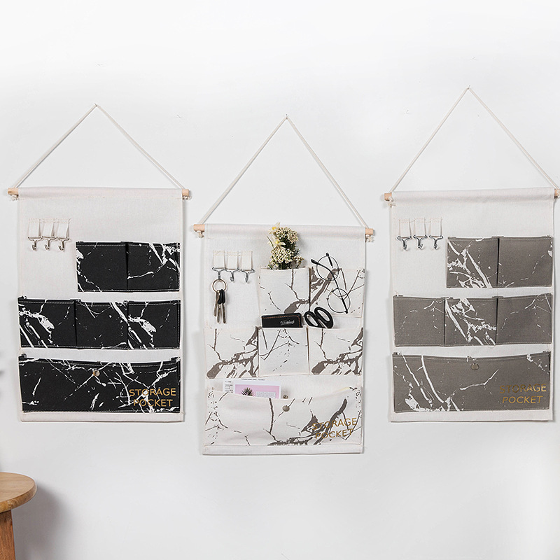 

6 Pockets Wall Hanging Storage Bags Cotton Linen Door Organizer Waterproof Pouch Bedroom Home Wall Decoration Marble Pattern, White