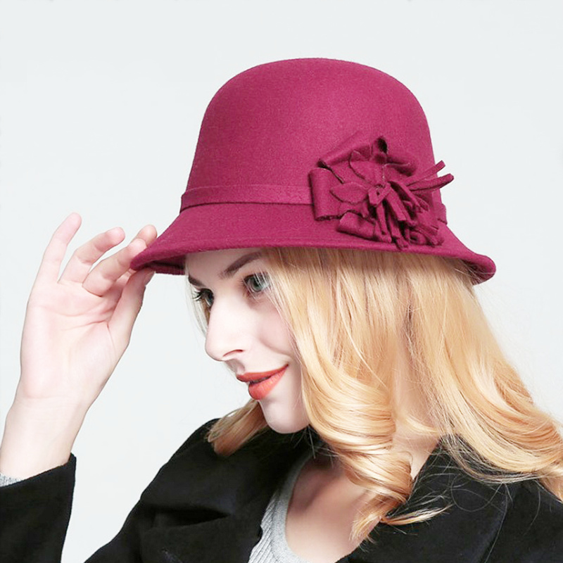 

New Vintage Women Faux Wool Floral Warm Bucket Cap Autumn Winter Cloche Felt Bucket Hat Solid Color Fedoras Princess Hats, Red