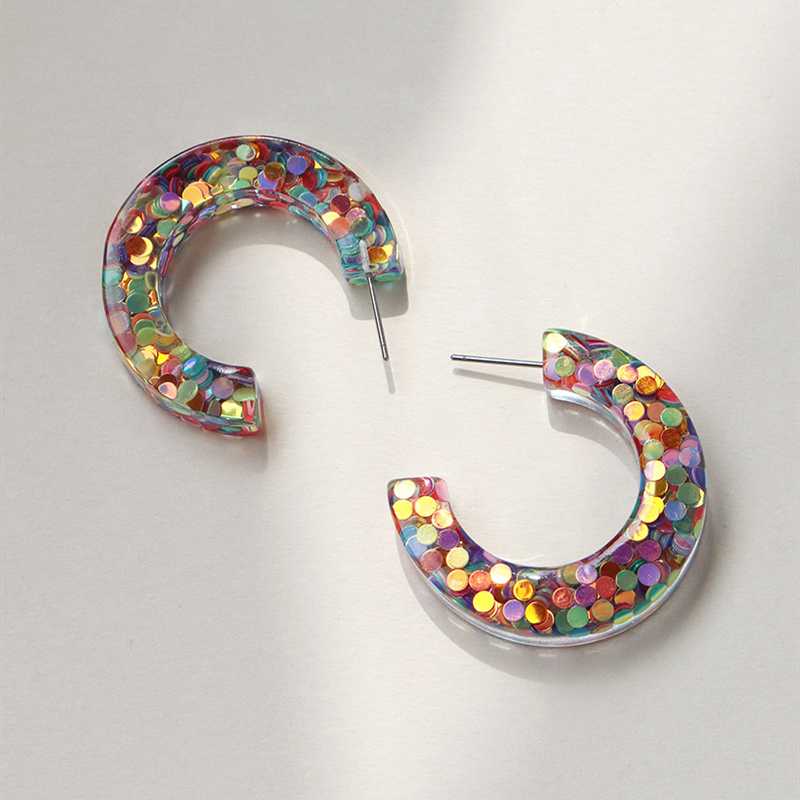 

UJBOX New Glitter Sequin Acrylic Resin Earrings Hoop for Women Wedding Party Jewelry Accessories Gift
