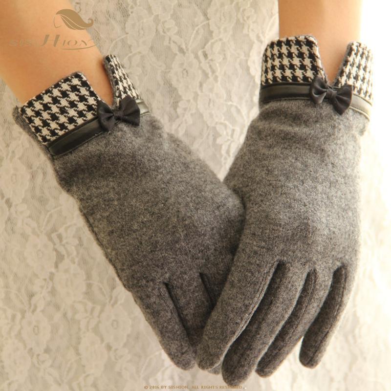 

SISHION Elegant retro ladies touch screen gloves forked plaid bow warm cashmere wool points winter women gloves SP0700