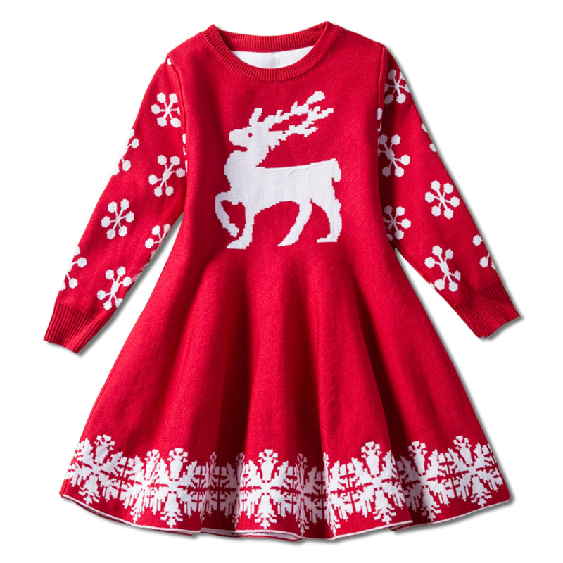 

Kids Dresses For Girls Long Sleeve Deer Snowflake Print Dress New Year Costume Princess Dress Kids Christmas Clothes Vestidos, A1