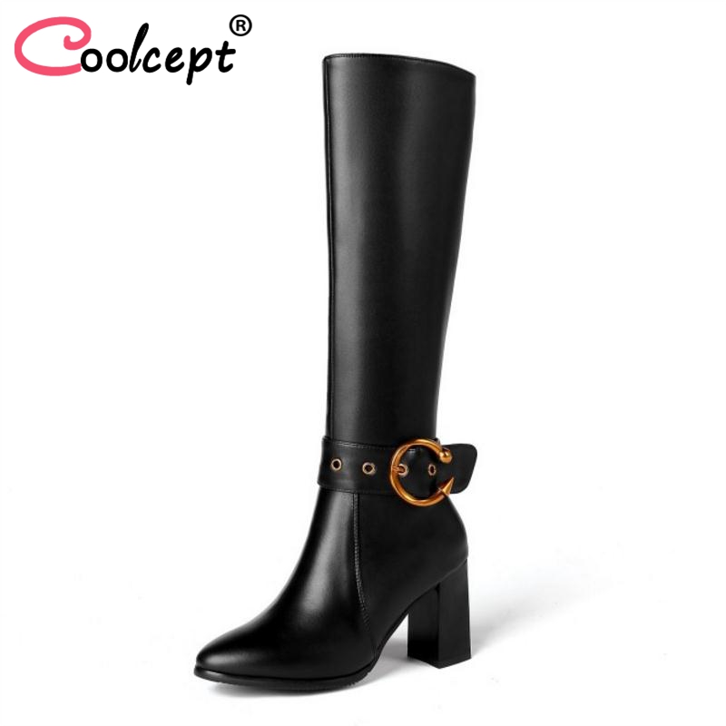 

CoolCept Size 31-45 High Heel Women Boots Genuine Leather Woman Shoes Fur Warm Winter Knee Boots Fashion Ladies Footwear, Black