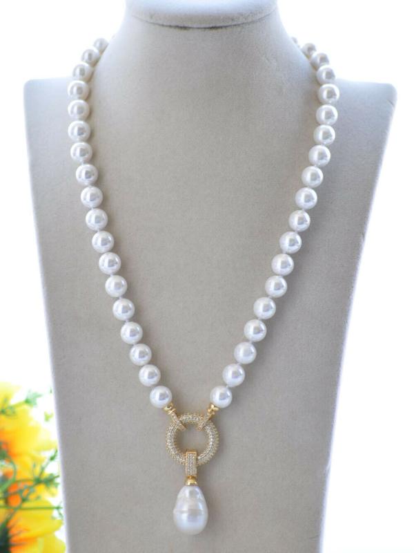 

20" White Keshi & Round 10MM shell Pearl Necklace Pendant Zircon