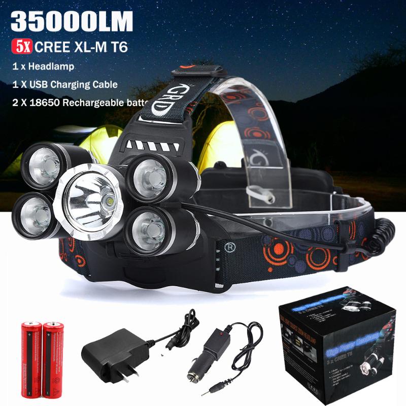 

35000LM Headlamp 5x CREE XM-L T6 LED Headlight Head Light Lamp 18650 Rechargeable Battery AC Charging Outdoor camping