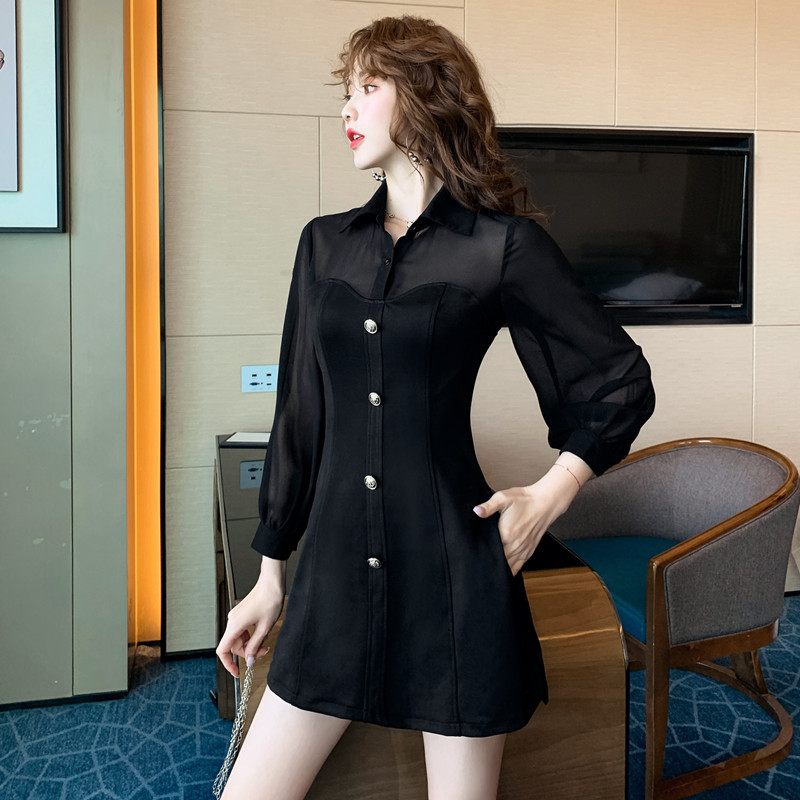 

Elegant Goddess Fan Set Fashion French Shirt Two-Piece Dress Black with Thin Look Autumn Clothing Female 2020 New Style, Black and white with pattern