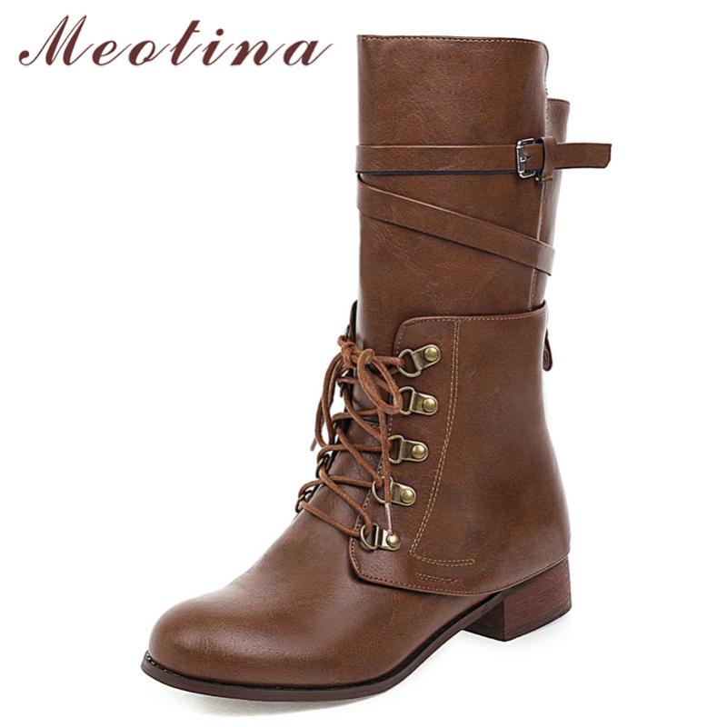 

Meotina Winter Motorcycle Boots Women Buckle Thick Heel Mid Calf Boots Fashion Zipper Round Toe Shoes Female Autumn Big Size 43, Black