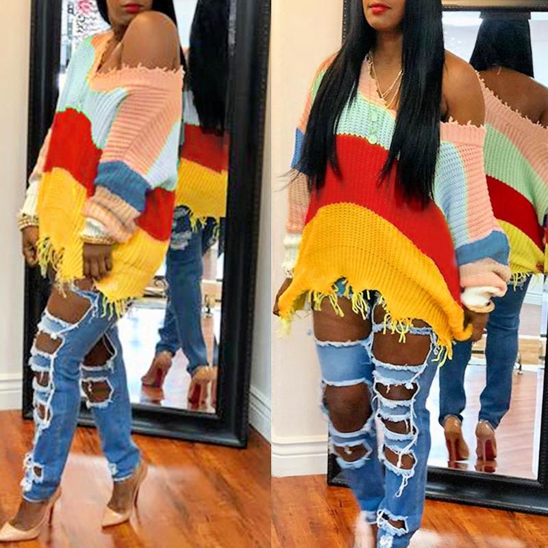 

Autumn Irregular Lady Rainbow Stripe Color Block Sweater Knitwear Fringe Distressed Knitted Female Long Sleeve Pullover Sweaters, Rainbow-colored