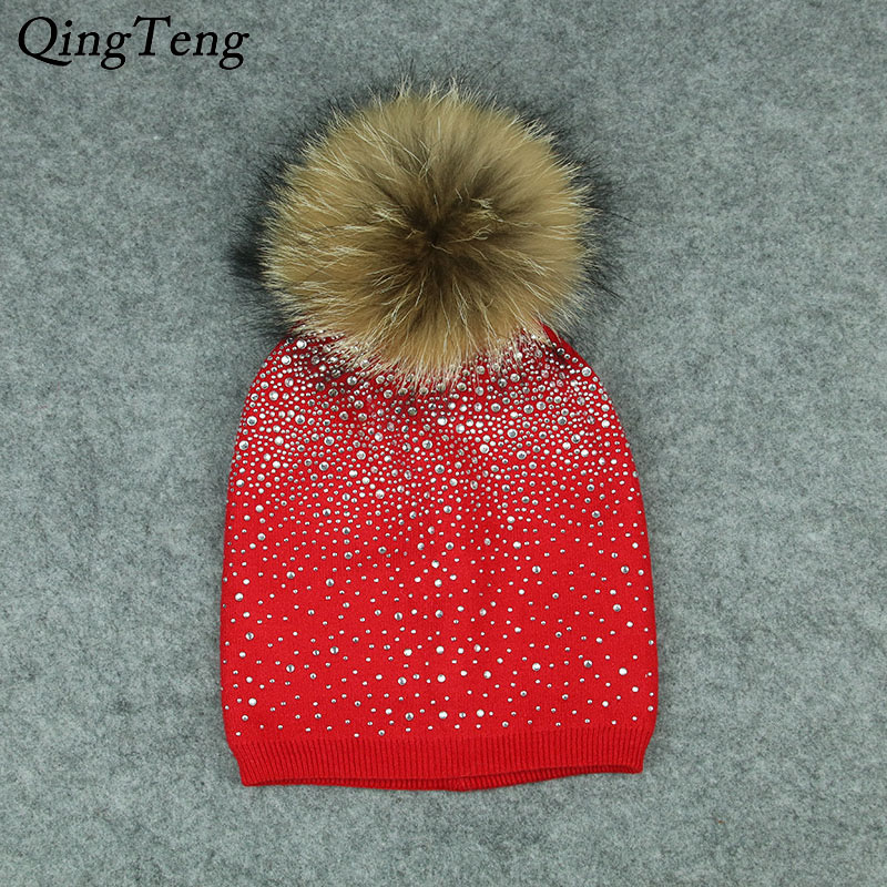 

White Fur Pom Pom Female Winter Hats Ball Hat Women Girl 'S Wool Hat Knitted Cotton Beanies Cap Brand Stocking, C1