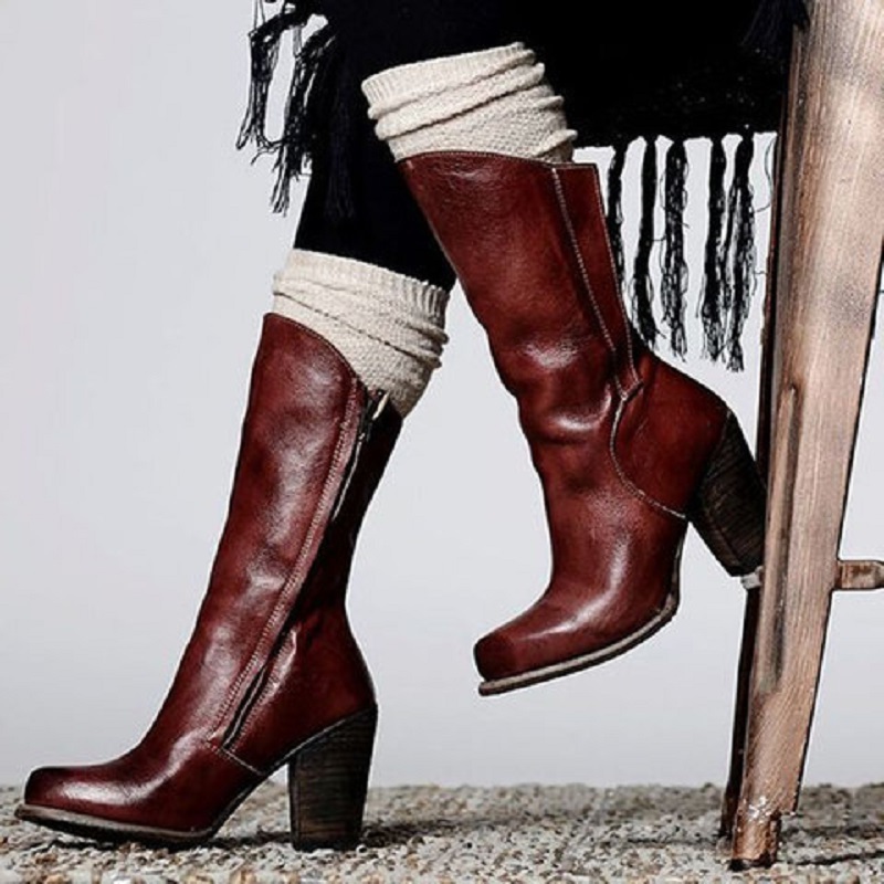 

Autumn winter women pu leather mid calf boots sexy high heels platform ladies shoes boots botas mujer punk riding, Red brown