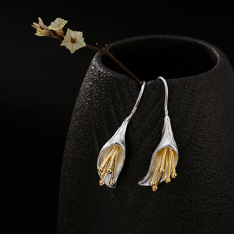 

LATS Real 925 Sterling Silver Vintage Drop Earrings Gold-plated Handmade Flower Bud Dangle Earrings for Women 2020 Fine Jewelry