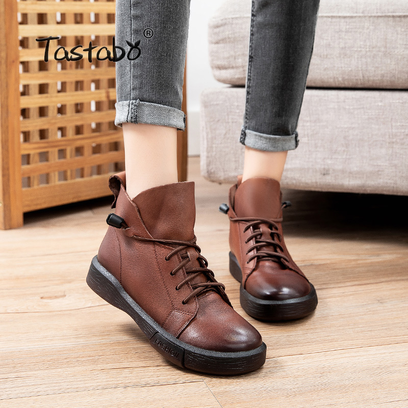

Leather Ankle Boots for Women Autumn Winter Cross Strips Vintage Women Punk Boots Shoes Ladies Flat Woman 20770, Khaki