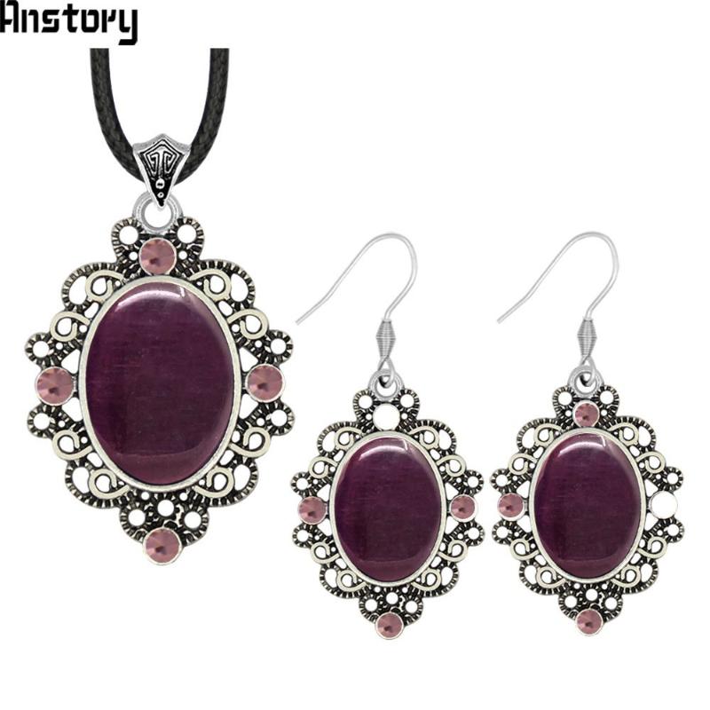 

Oval Opal Vintage Jewelry Set Crystal Necklace Earrings Hollow Flower Antique Silver Plated Fashion Jewelry 468, As pic