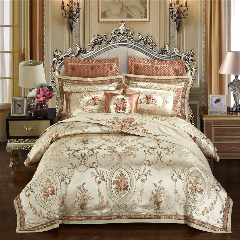 

Gold color Europe Luxury Royal Bedding sets Queen King size Satin Jacquard Duvet cover Bed cover sheets set pillowcase 4/6/9Pcs