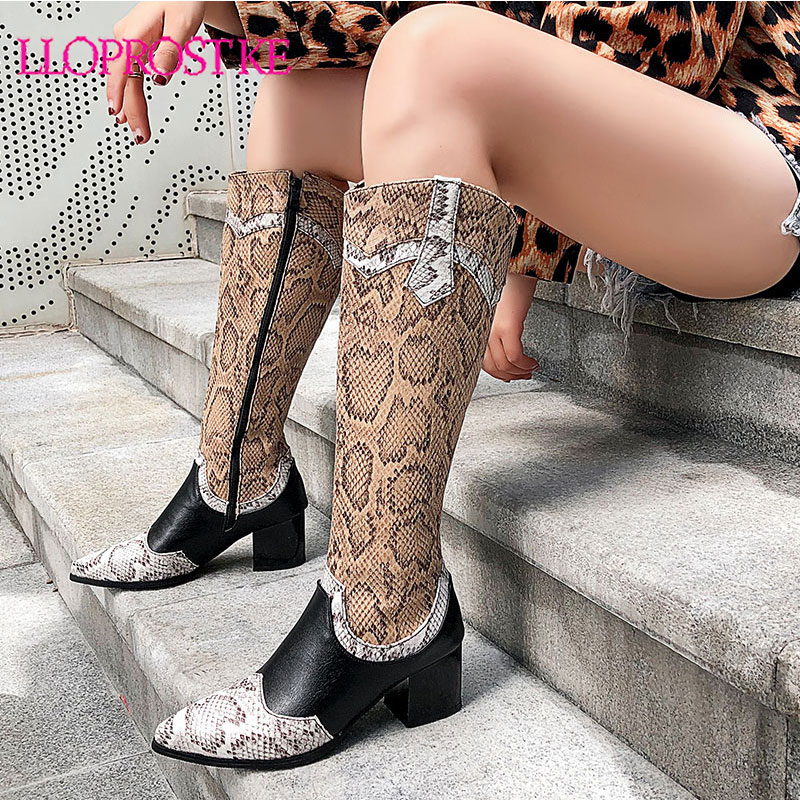 

Lloprost ke size 34-48 fashion knee high boots pointed toe mixed colors ladies prom boots thick high heels autumn winter, Black