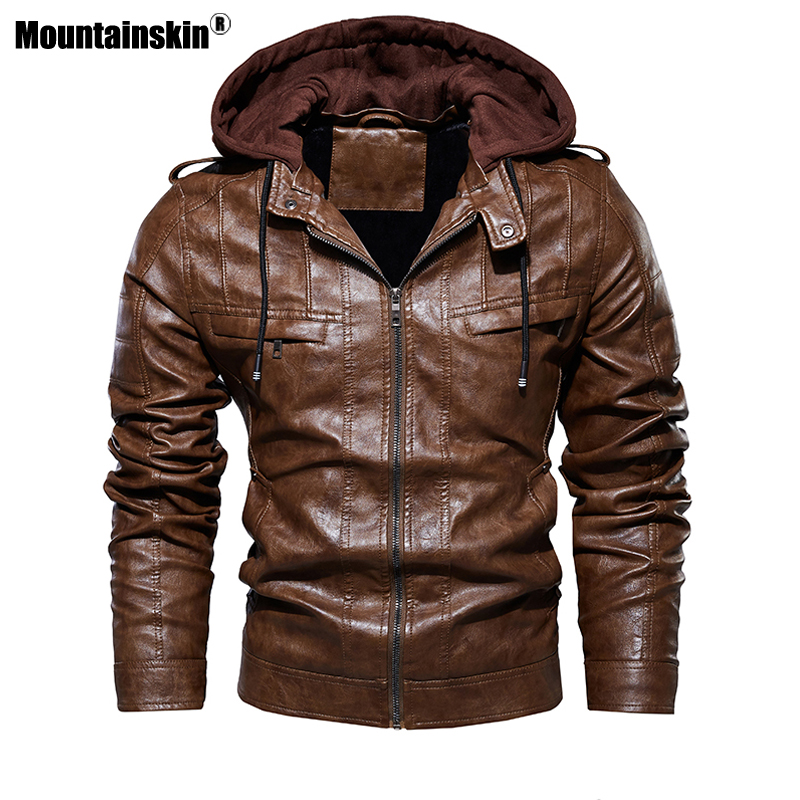 

New Men's Hooded Leather Jacket Thicken Locomotive Windproof Harajuku High Quality Leather Coat Casual Fall Winter Jacket, Wine red