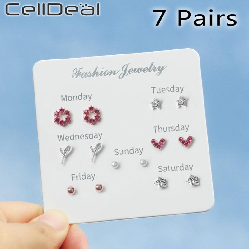 

CELLDEAL 7 Pairs One-week Earrings Set Students Simple Versatile Star Moon Fresh Stud Earrings Luxury Young Jewelry Cute