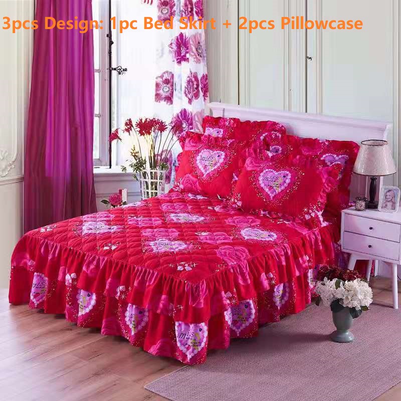 

3pcs Set Cotton Quilted Bedspread 1pc Bed Skirt+2pcs Pillowcases Bedding Set Sanding Soft Thicken Queen King Fitted Bed Sheet, Color 16