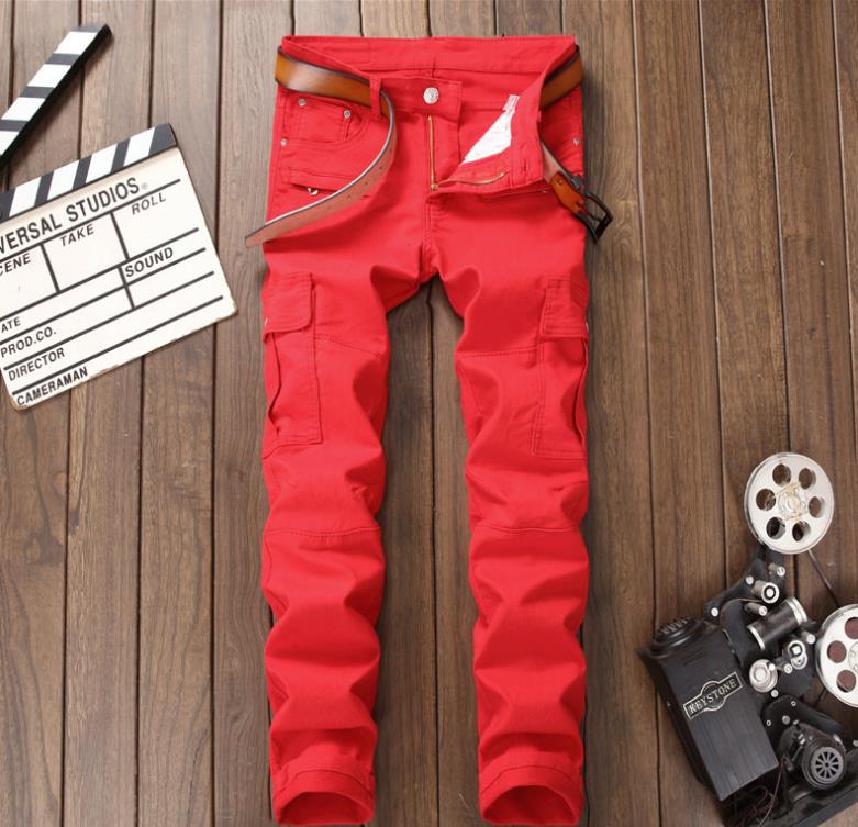 

Men's Jeans Biker Red Casual Multi Zipper Pockets Slim Stretch Denim Pants High Quality