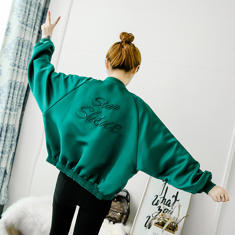 

Spring and Summer New Retro Embroidered Baseball Uniform Jacket Women Harajuku Casual Loose Hipster Short Coat, Green
