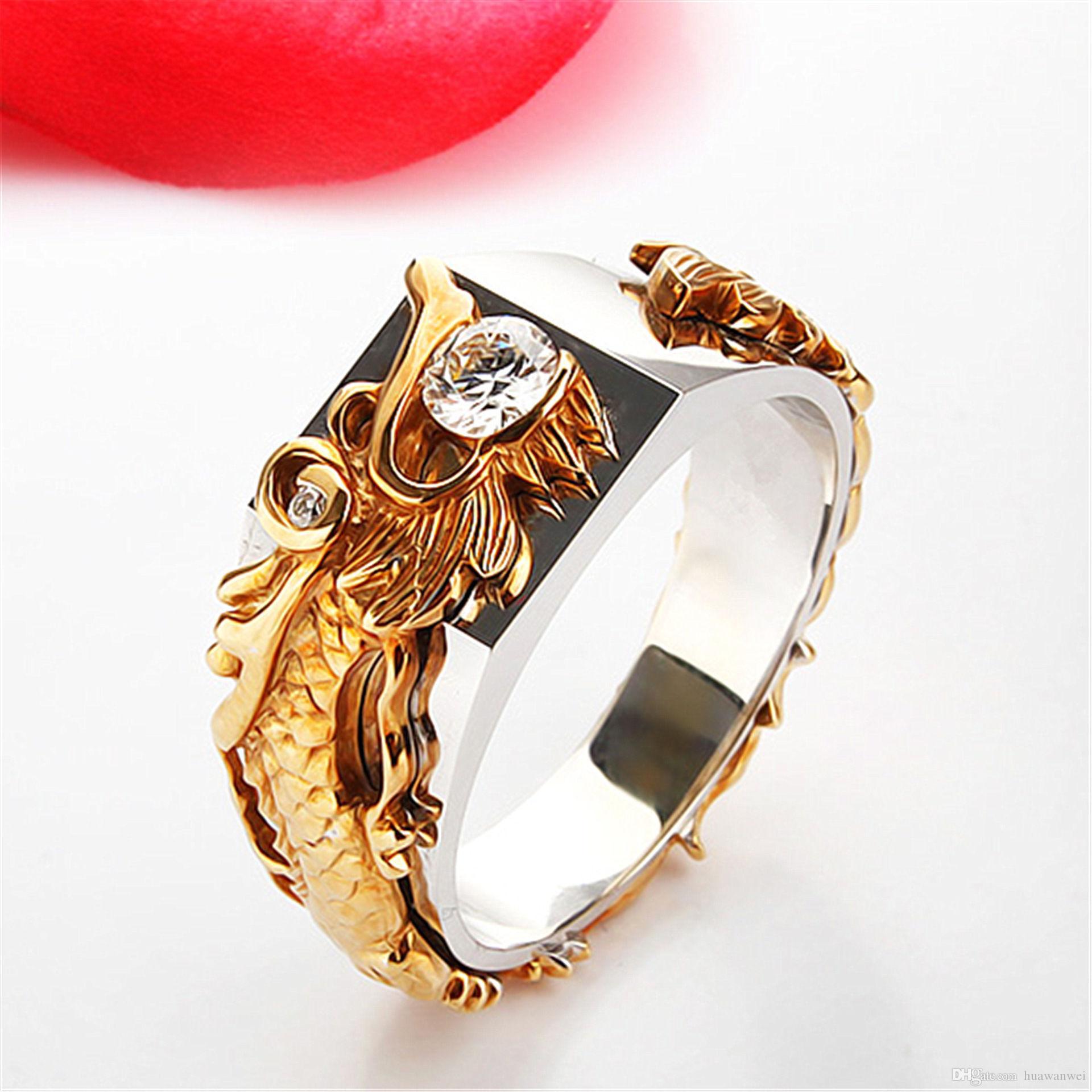 

cgjxs Gold Color Dragon Jewelry Rings Fashion Steel Crystal Ring Males Style Zircon Rings For Man