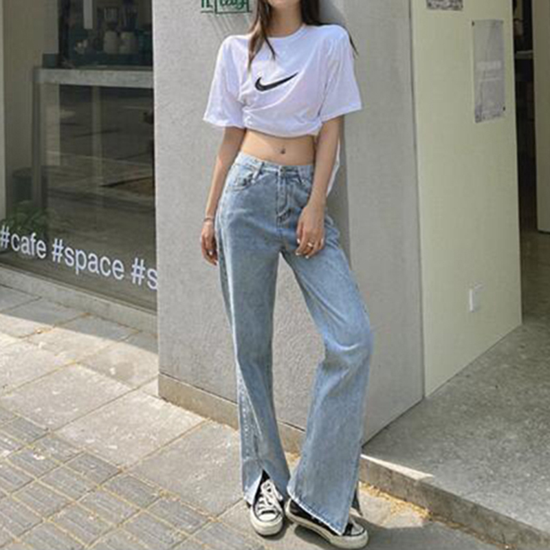 

2020 Vintage High Waist Straight Jeans Pant for Women Streetwear Casual Female Denim Jeans Buttons Side Split Ladies, Blue