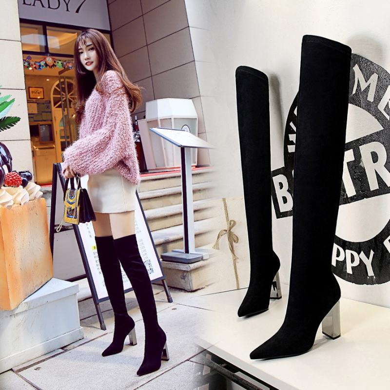 

LTARTA Fashion Metal Heel Chunky Heel Suede Pointed Sexy Nightclub Slimming Pedicure Over-the-Knee Boots DS-3128-6, Black